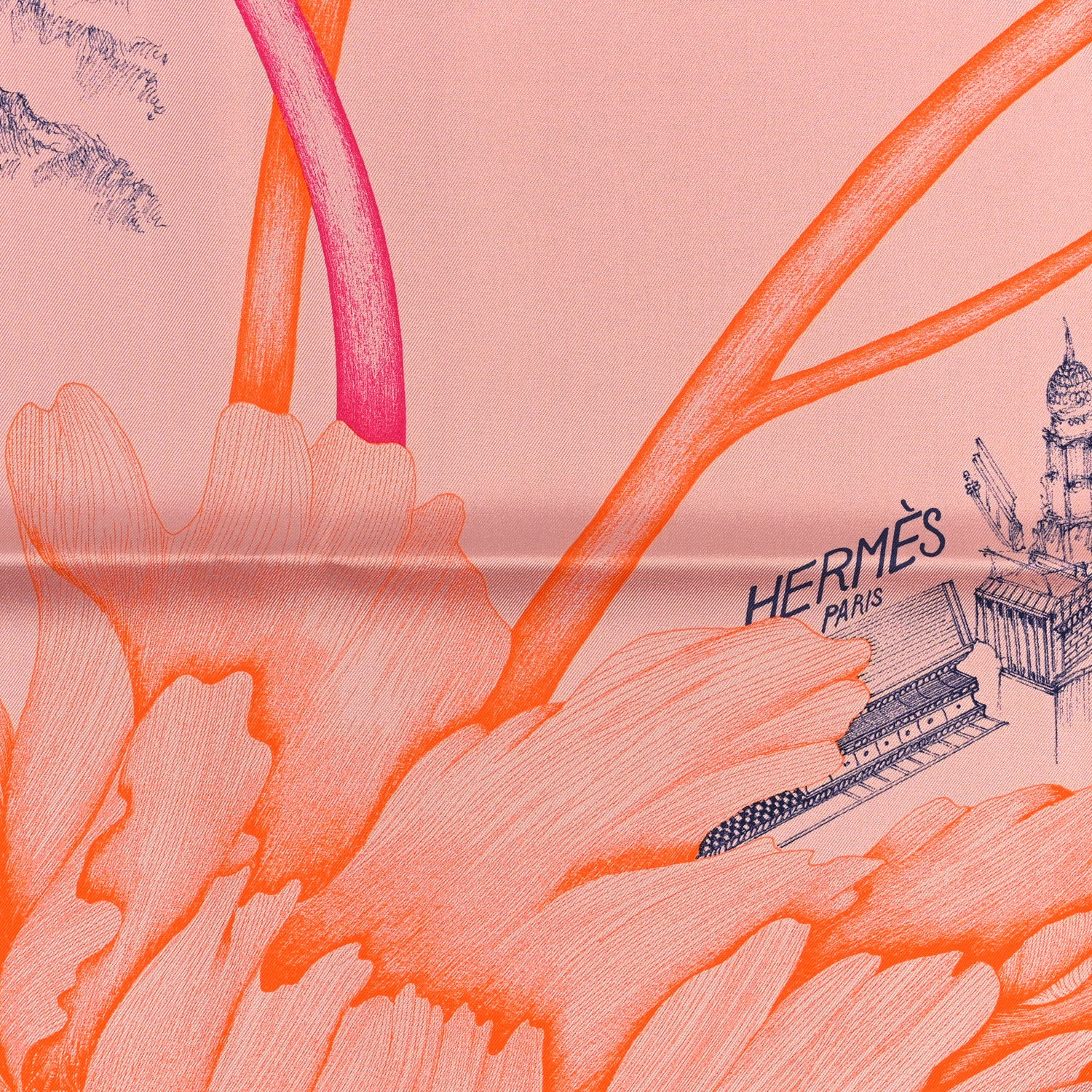 Hermes Silk A l'Ombre des Pivoines Scarf 90 Vieux Rose Encre 2 of 3