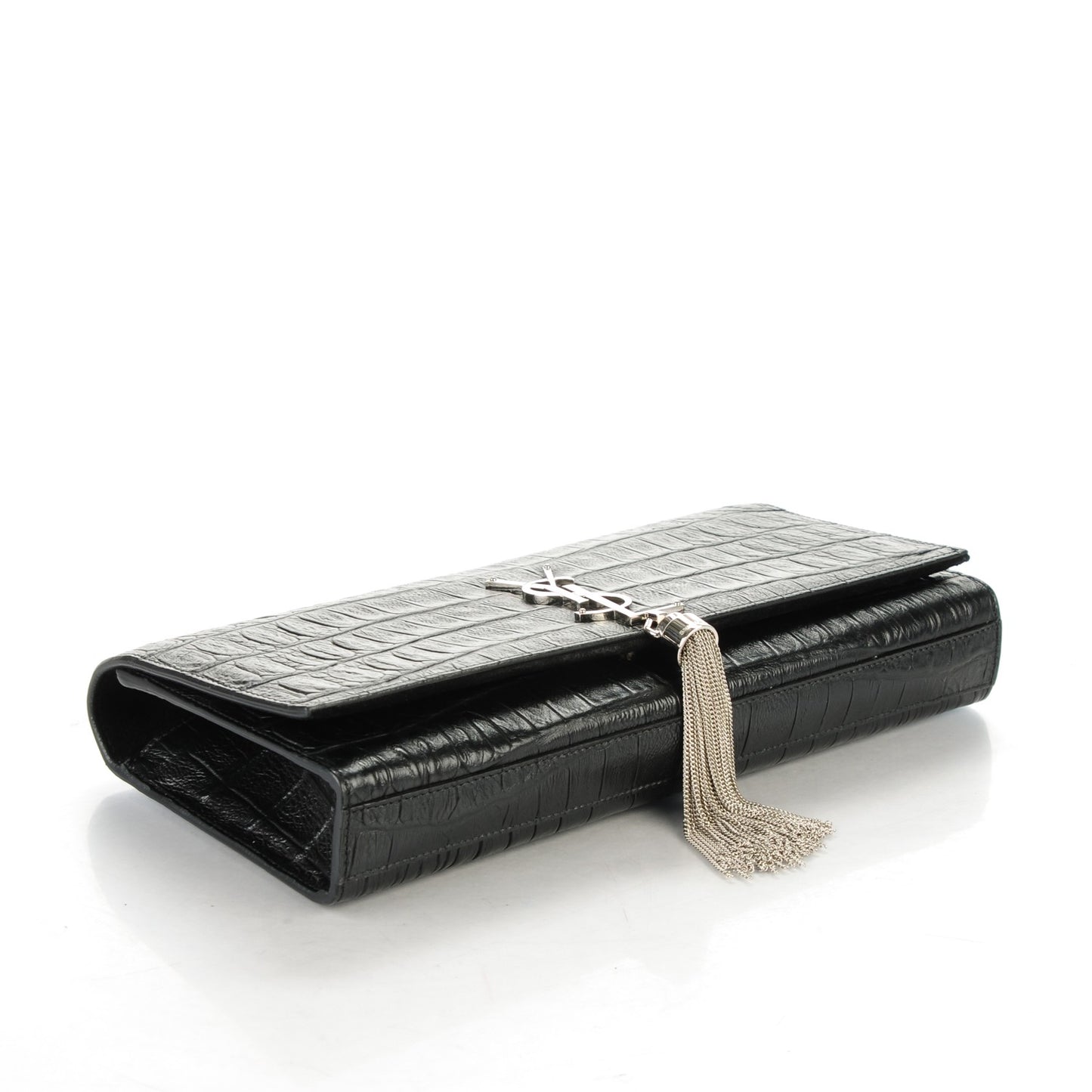Calfskin Crocodile Embossed Classic Monogram Tassel Clutch Black