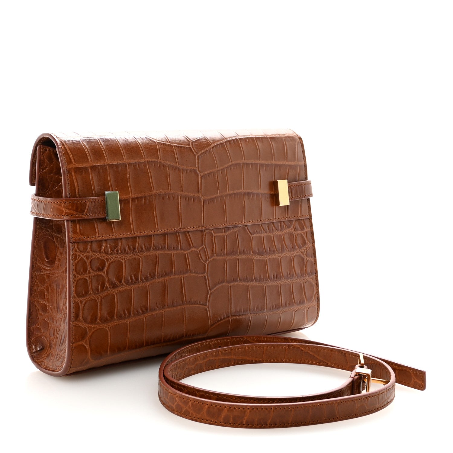 Saint Laurent Shiny Calfskin Crocodile Embossed Small Manhattan Baguette Dark Caramel 3 of 10
