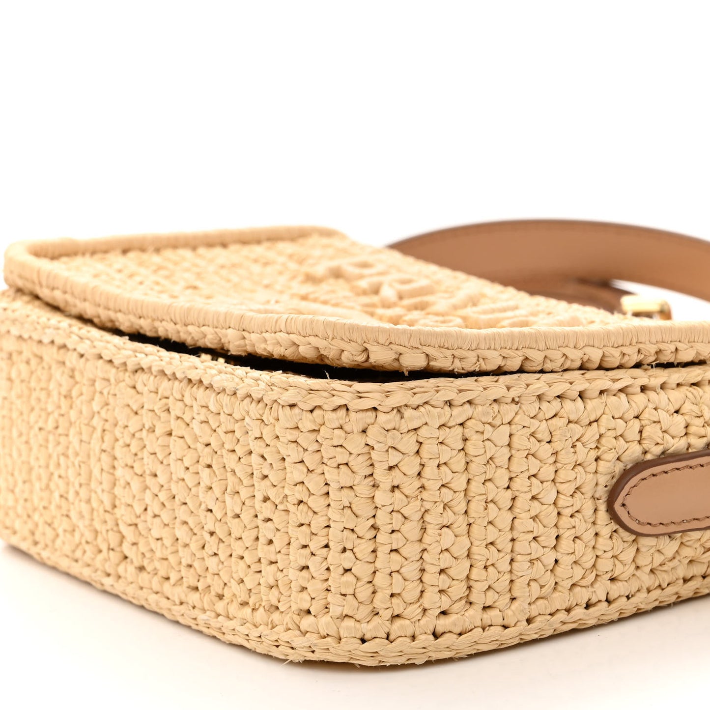 Yarn Raffia Effect Crochet Logo Embroidered Flap Shoulder Bag Naturale