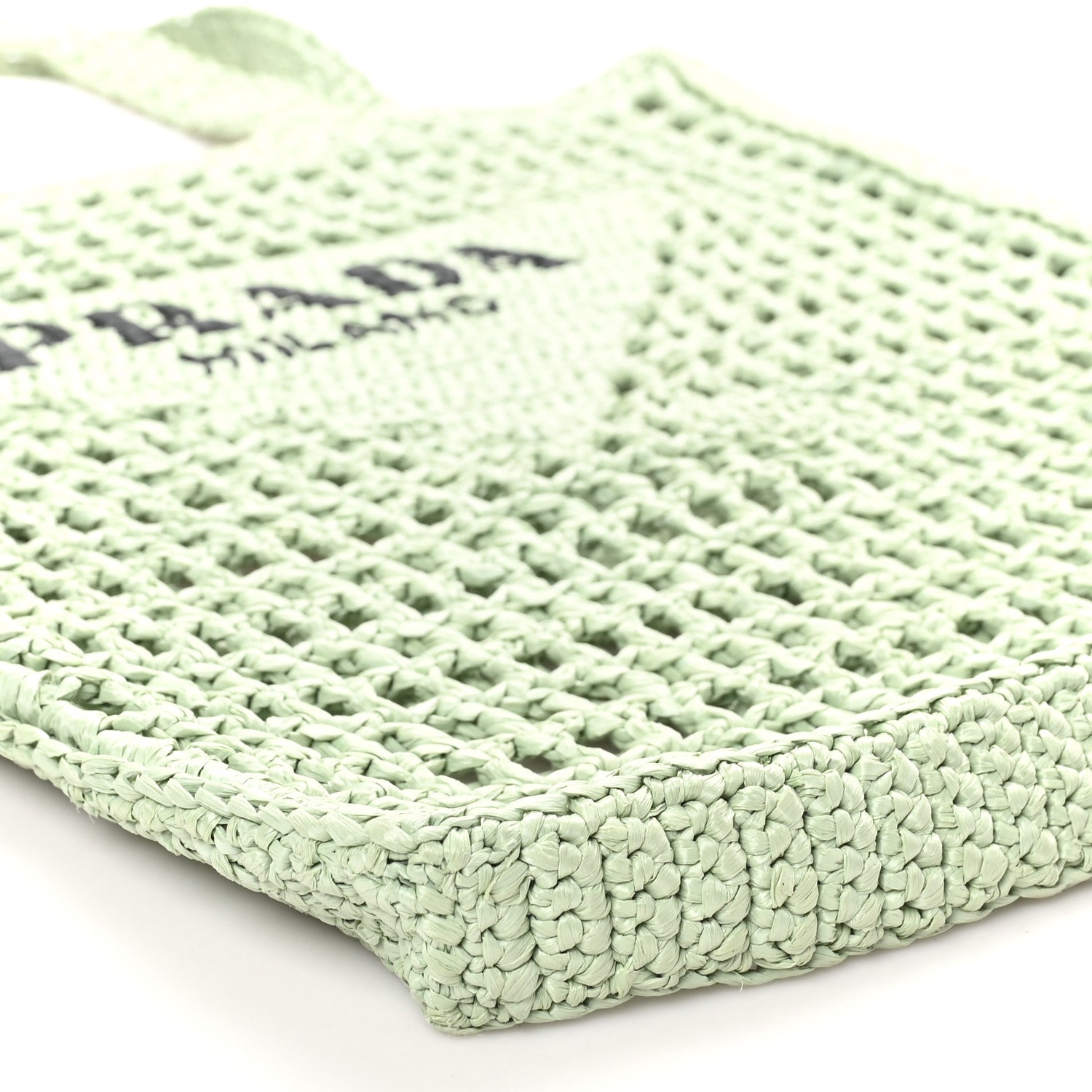 Prada Yarn Raffia Effect Crochet Logo Embroidered Tote Bag Acqua 8 of 9