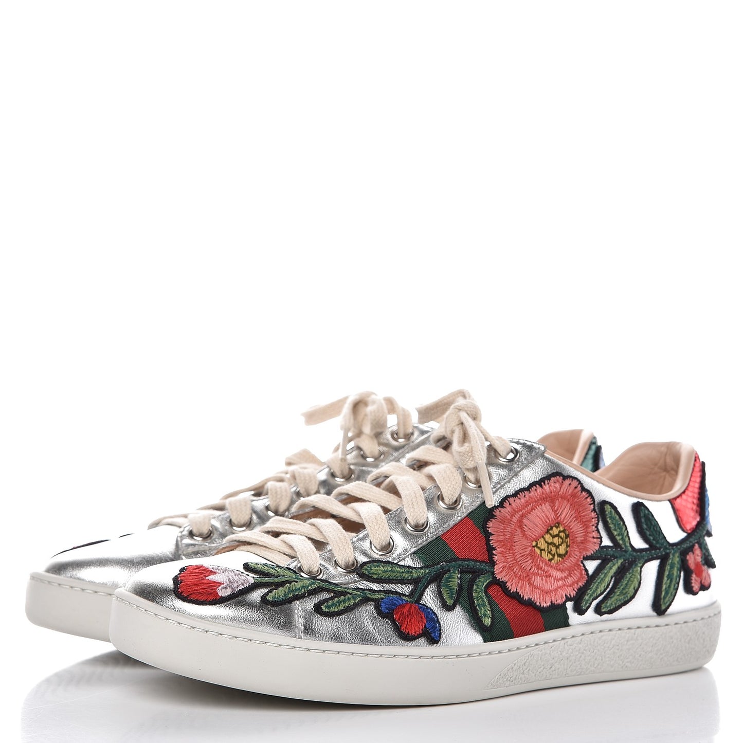 Metallic Calfskin Floral Embroidered Ace Sneakers 36.5 Silver