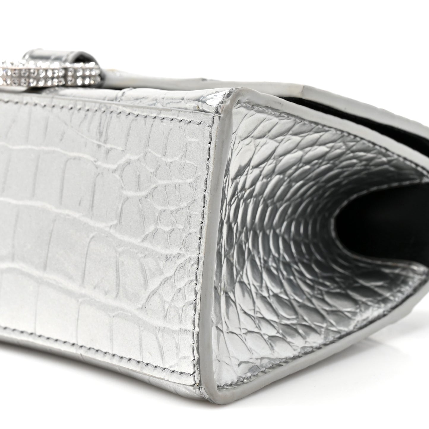 Metallic Calfskin Crocodile Embossed Crystal Hourglass Top Handle Bag XS Silver