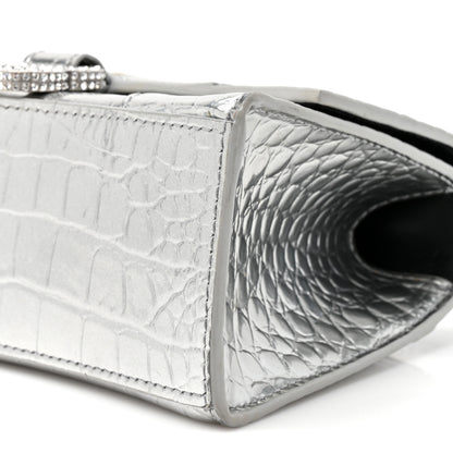 Balenciaga Metallic Calfskin Crocodile Embossed Crystal Hourglass Top Handle Bag XS Silver 10 of 15