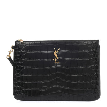 Saint Laurent Calfskin Crocodile Embossed Tablet Pouch Black 1 of 6