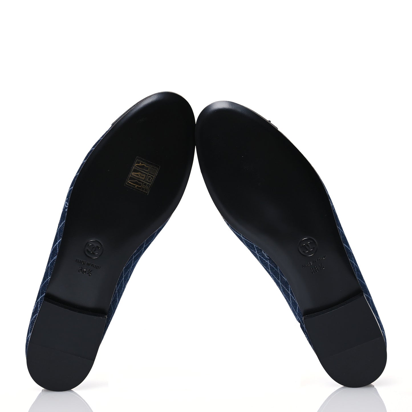 Denim Printed Quilt CC Cap Toe Ballerina Flats 38.5 Navy Blue Dark Grey