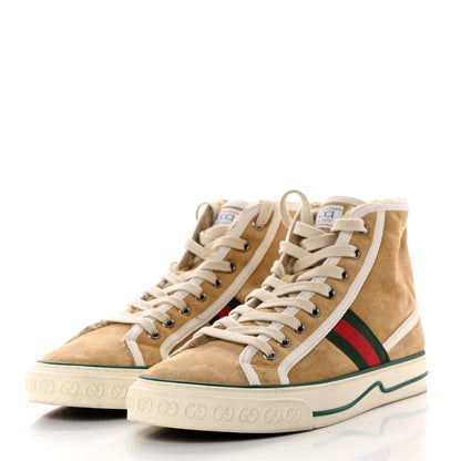 Gucci Suede Shearling Web GG Monogram Embossed Womens 1977 Tennis High Top Sneakers 39 Butterscotch Mystic White 3 of 8