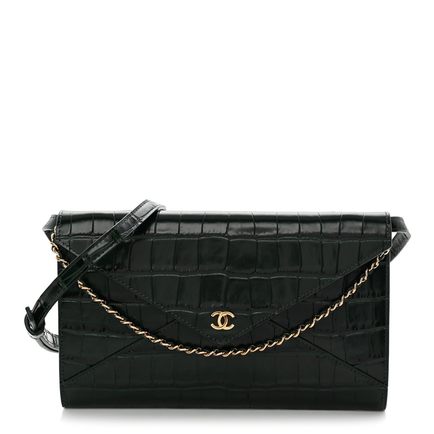 Chanel Calfskin Crocodile Embossed Envelope Clutch With Chain Emerald 1 of 10