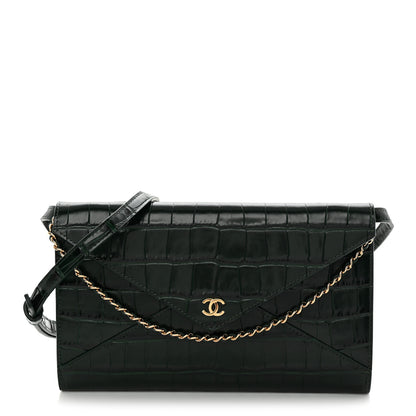 Chanel Calfskin Crocodile Embossed Envelope Clutch With Chain Emerald 1 of 10