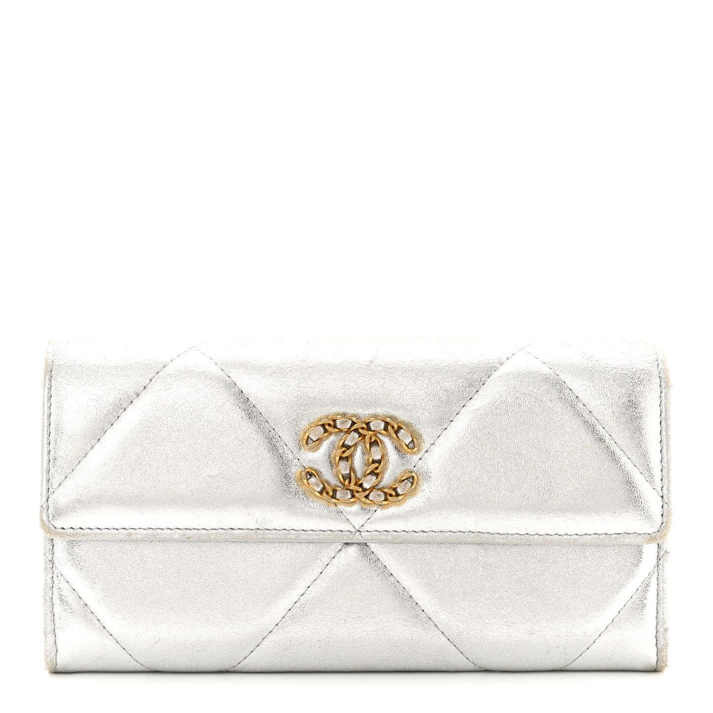 Metallic Lambskin Quilted Chanel 19 Flap Wallet Silver