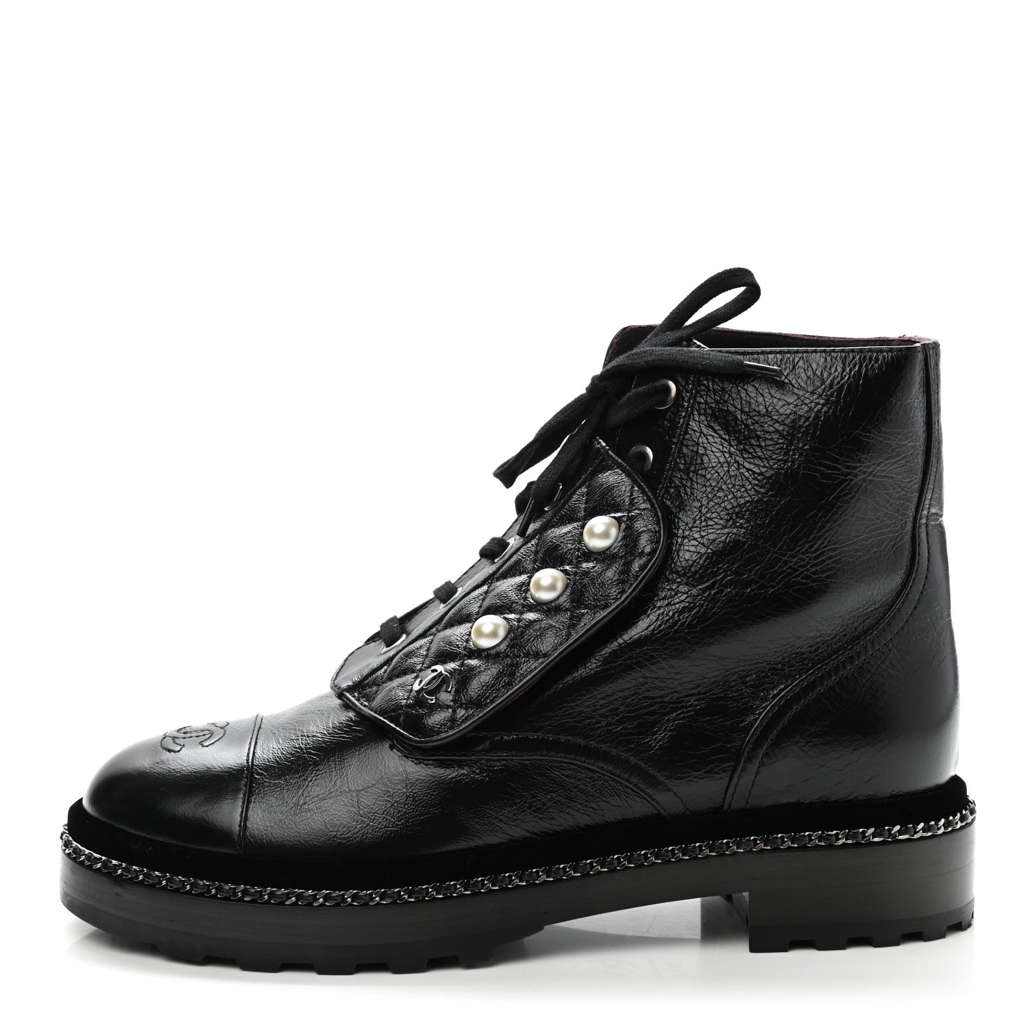 Chanel Crackled Calfskin Velvet Pearl Combat Short Boots 39.5 Black 1 of 10