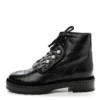 Chanel Crackled Calfskin Velvet Pearl Combat Short Boots 39.5 Black 1 of 10