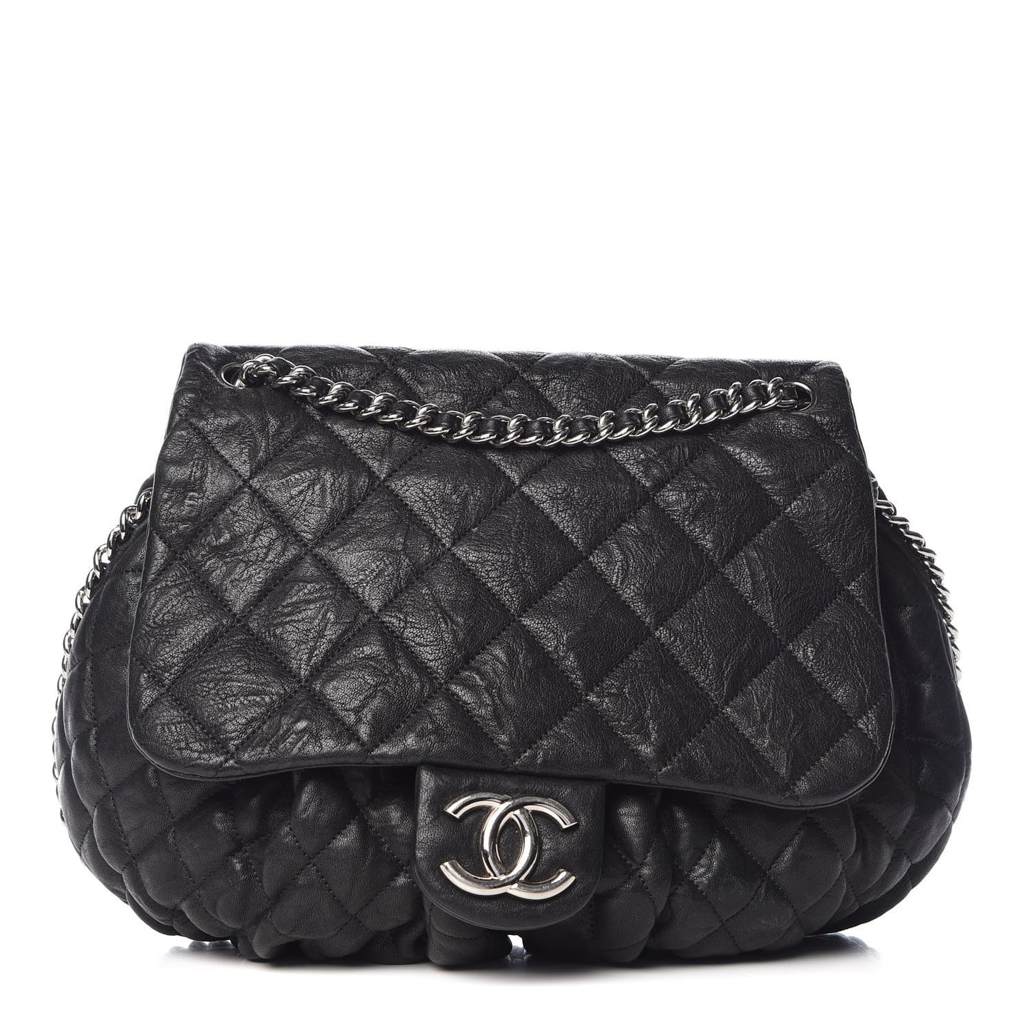 Washed Lambskin Quilted Large Chain Around Messenger Black