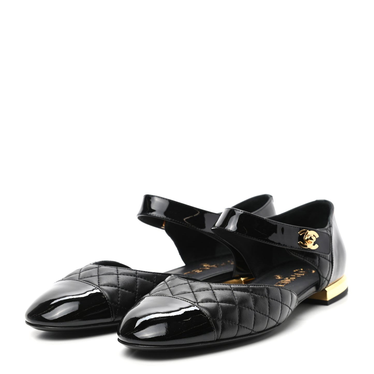 Patent Lambskin Quilted Cap Toe Ballerina Flats 41.5 Black