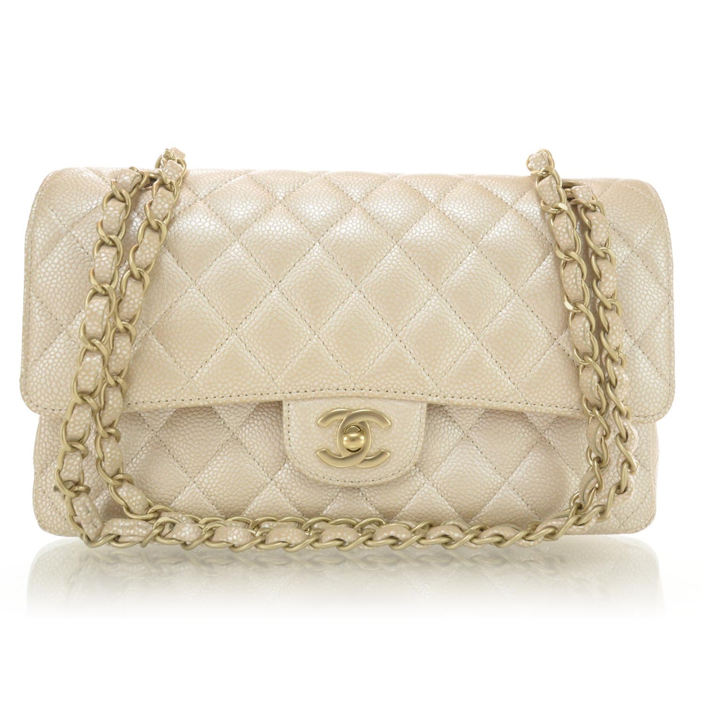 Pearly Caviar Quilted Medium Double Flap Light Beige
