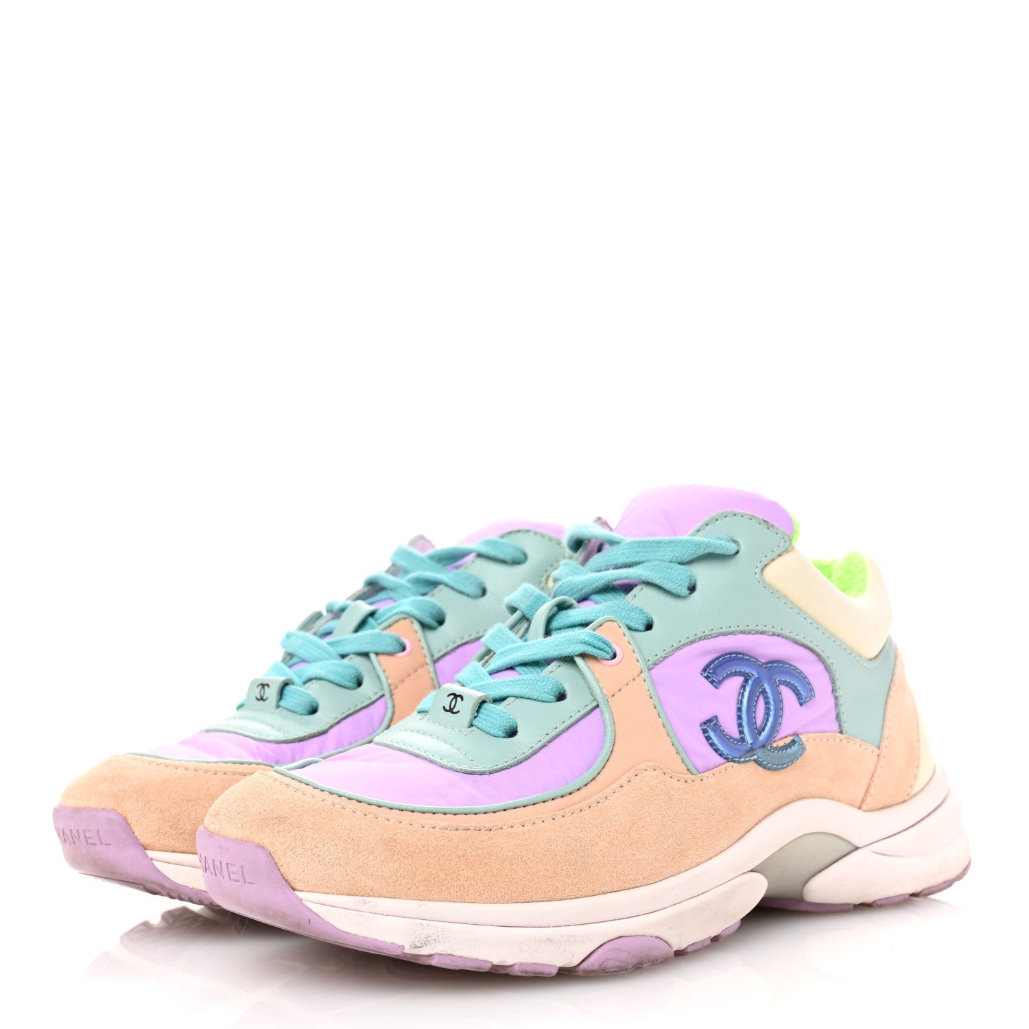 Chanel Nylon Lambskin Suede Calfskin CC Sneakers 37 Green Purple Pink 3 of 7