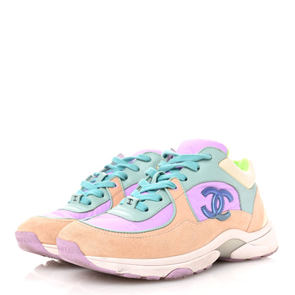 Chanel Nylon Lambskin Suede Calfskin CC Sneakers 37 Green Purple Pink 3 of 7
