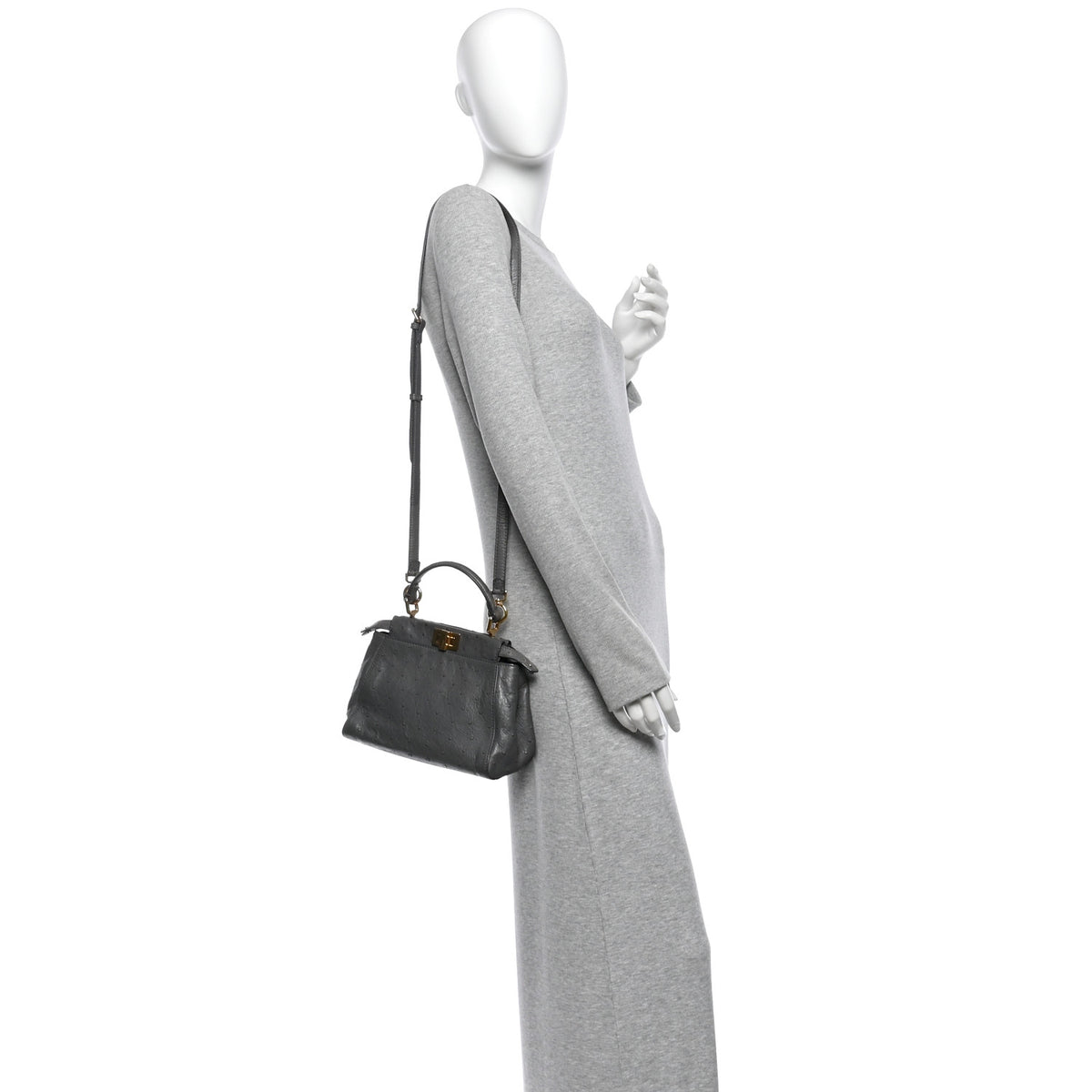 Fendi Ostrich Shiny Nappa Mini Peekaboo Iconic Satchel Grey 2 of 10