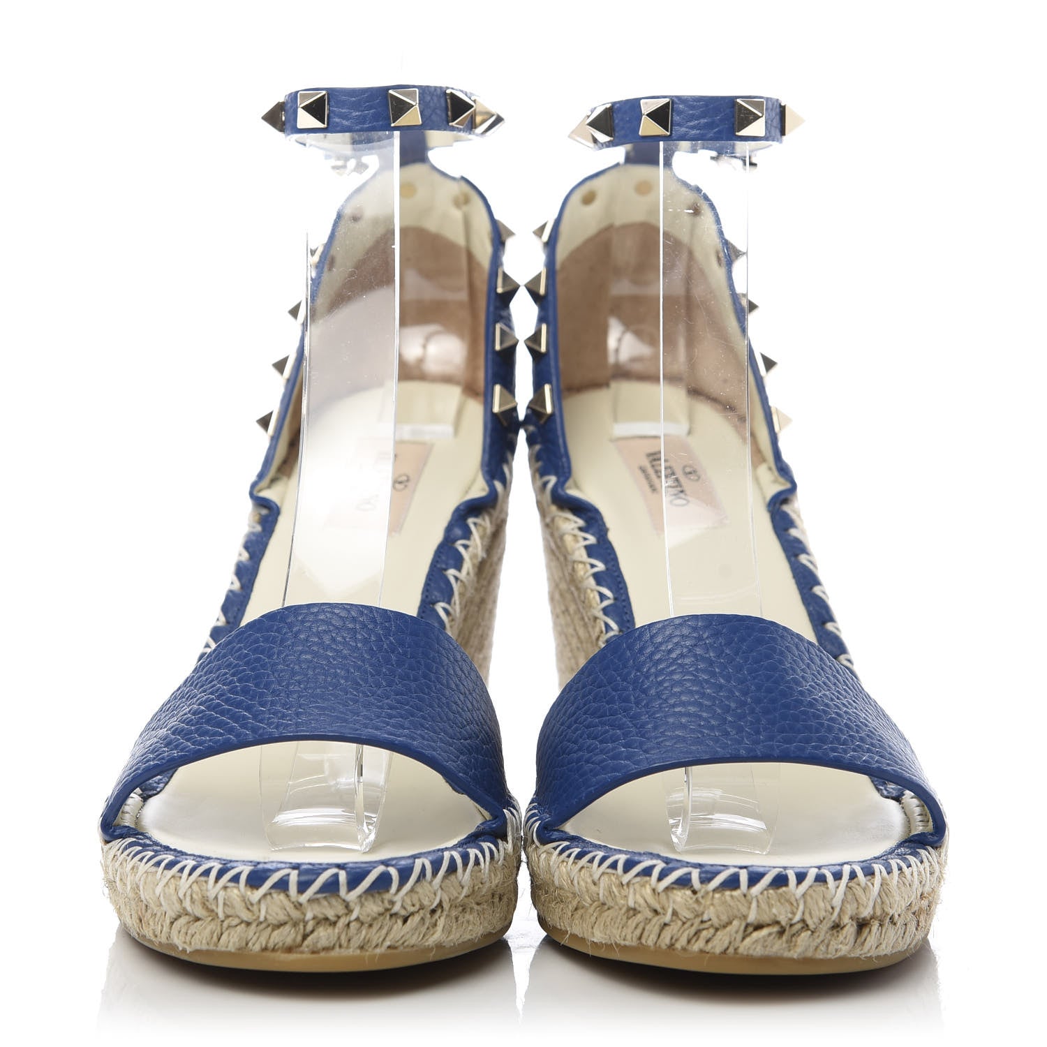Valentino Garavani Grained Calfskin Rockstud Ankle Strap Espadrille 15/105mm Wedge Sandals 39 Blu Delft Natural 2 of 9