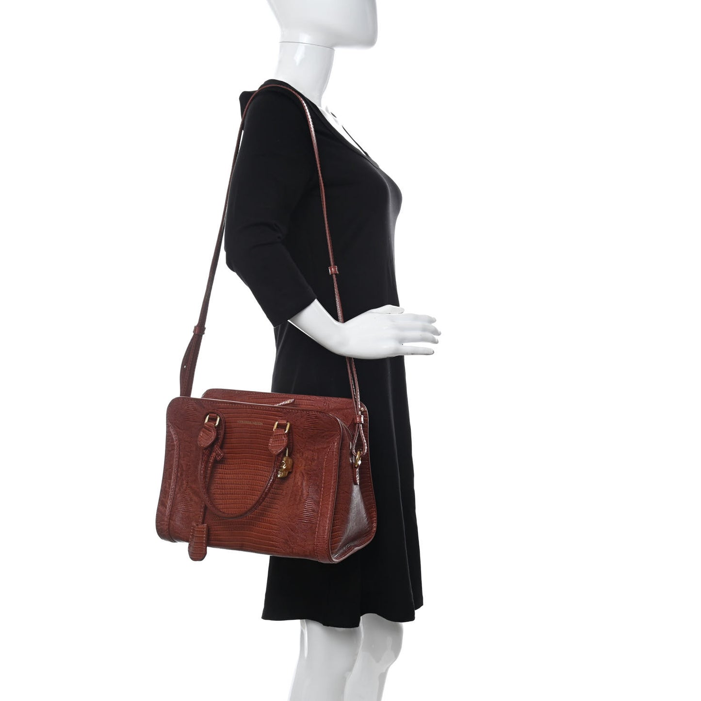 Calfskin Lizard Embossed Small Skull Padlock Zip Around Tote Brown