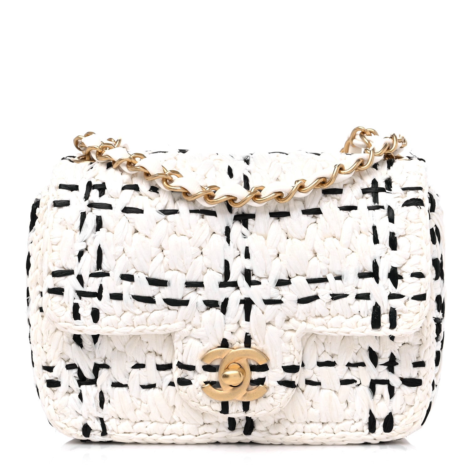 Chanel Raffia Effect Tweedy Mini Flap Bag White Black 1 of 10
