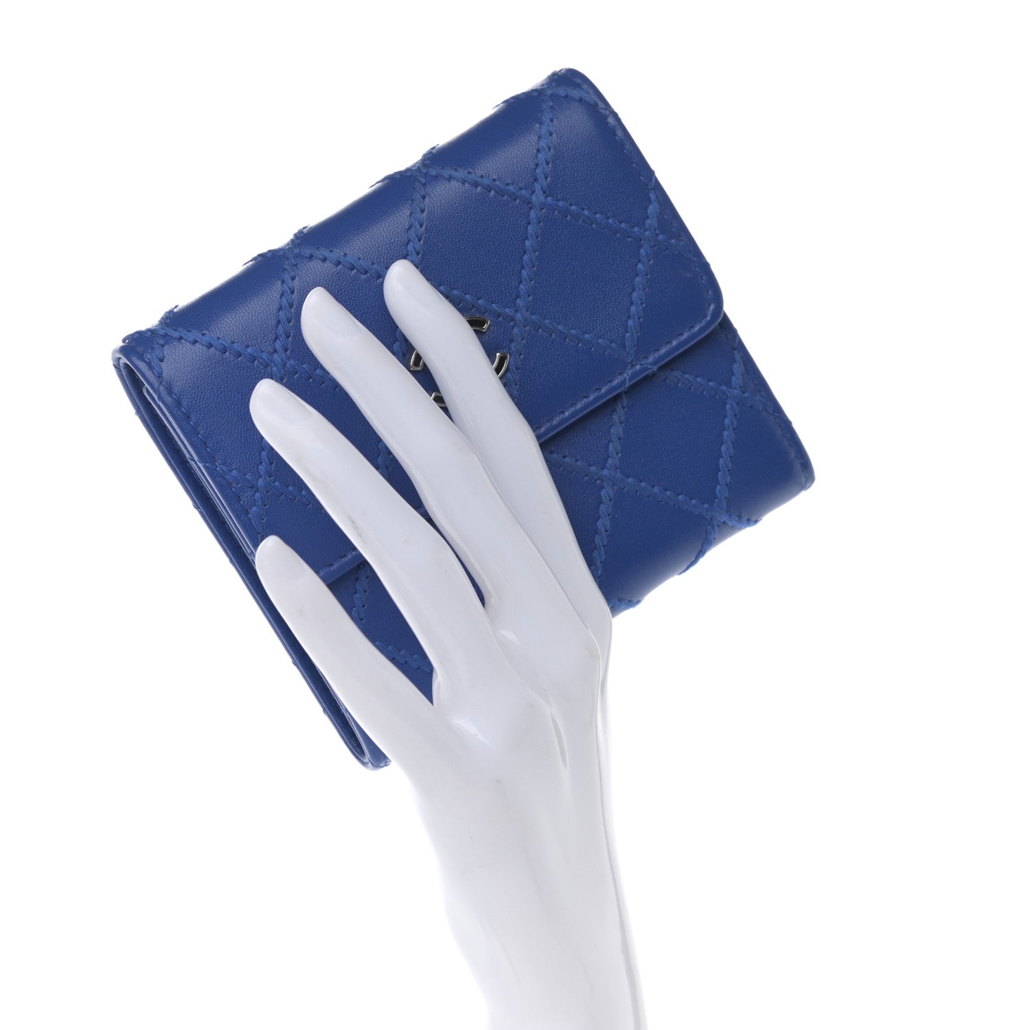 Chanel Calfskin Stitched Fancy CC Compact Flap Wallet Blue 2 of 7