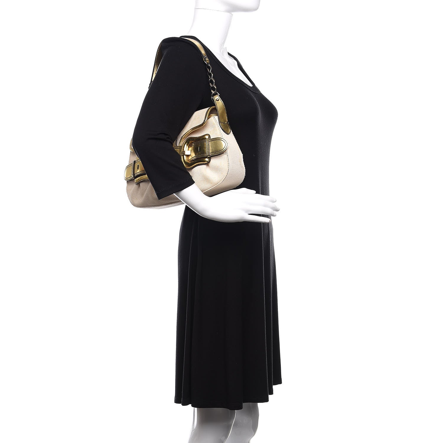 Fendi Canvas Metallic Calfskin B Bis Flap Bag Natural Gold 2 of 17