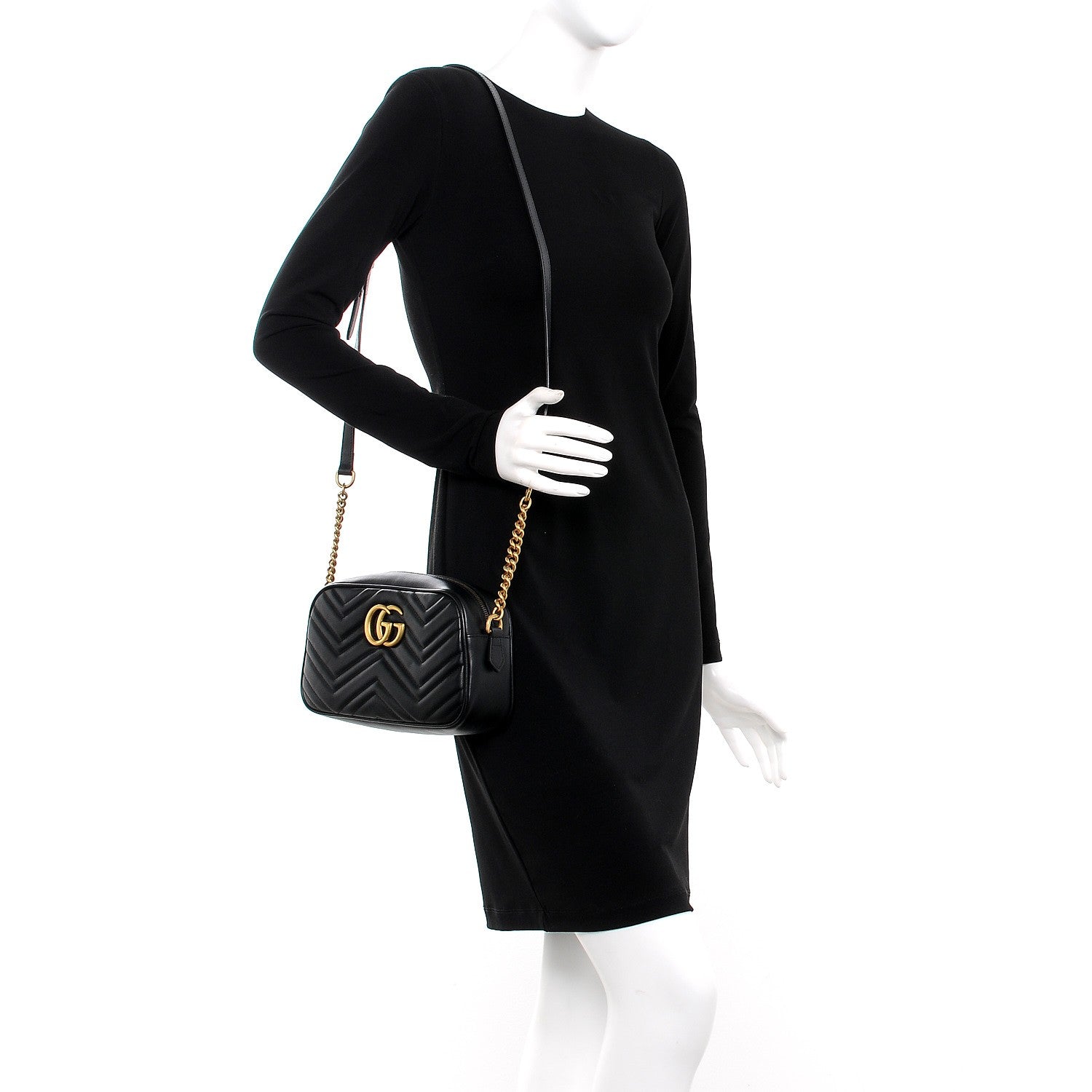 Gucci Calfskin Matelasse Small GG Marmont Chain Shoulder Bag Black 2 of 8