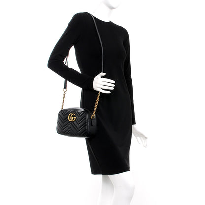 Gucci Calfskin Matelasse Small GG Marmont Chain Shoulder Bag Black 2 of 8