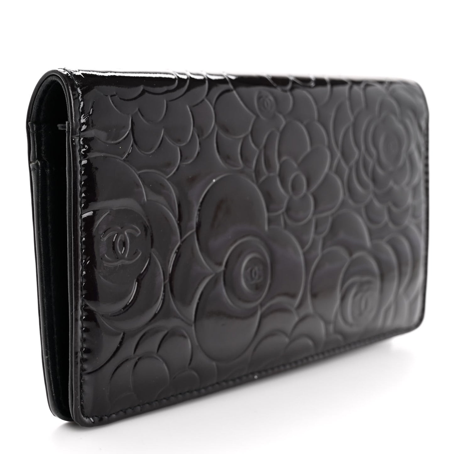 Patent Camellia Embossed Yen Wallet Black