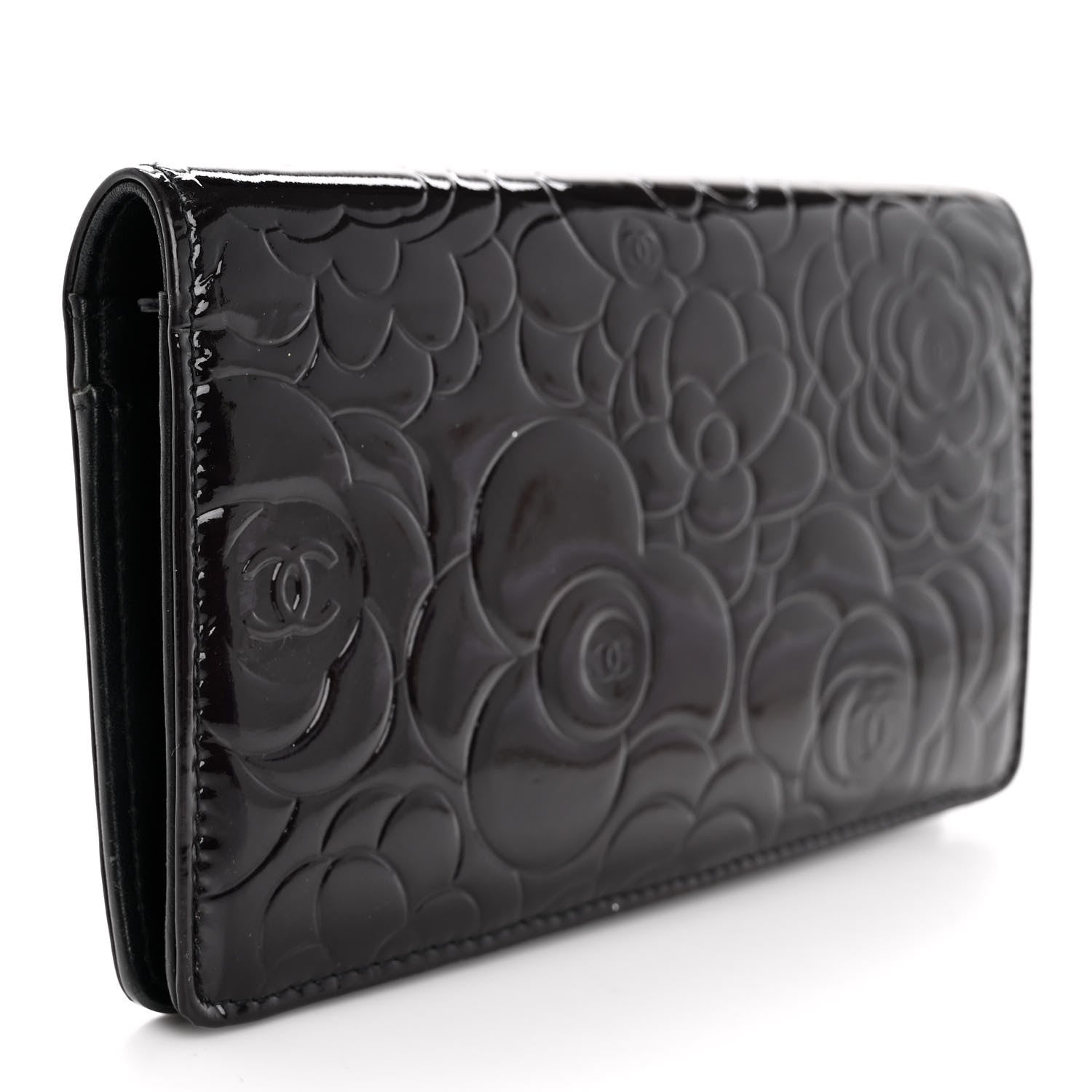 Chanel Patent Camellia Embossed Yen Wallet Black 3 of 13