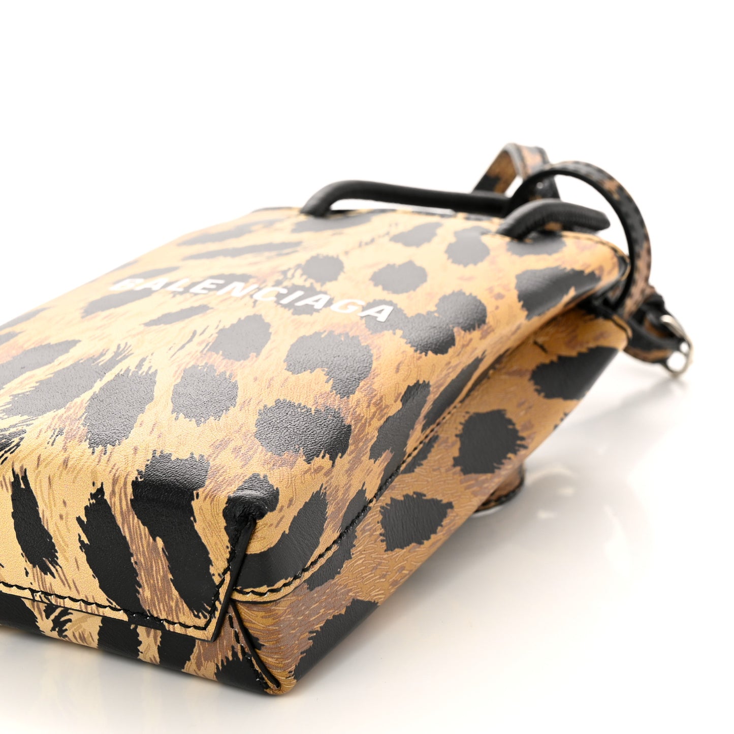 Smooth Calfskin Leopard Print Logo Shopping Phone Holder Bag Beige Black