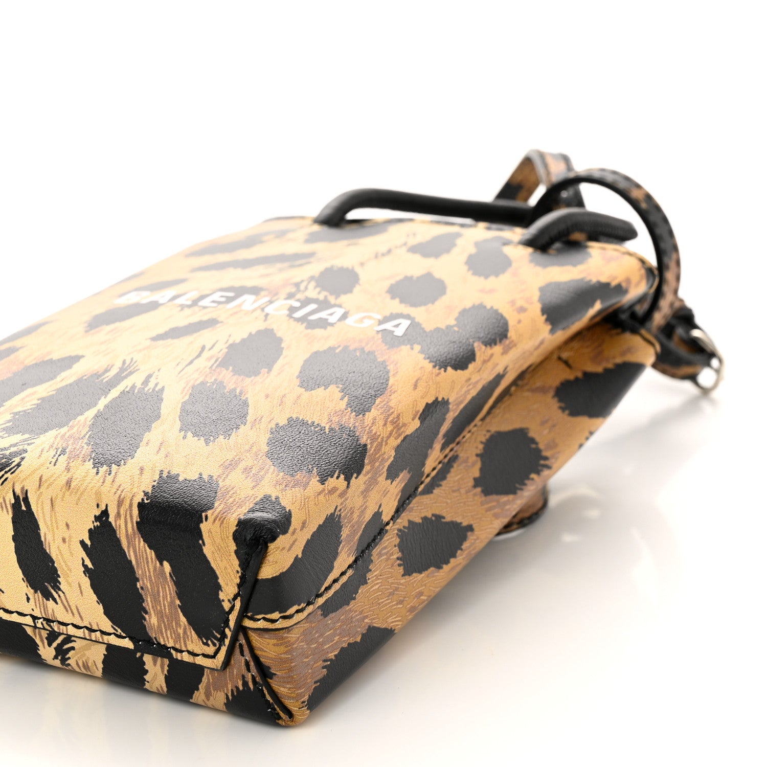 Balenciaga Smooth Calfskin Leopard Print Logo Shopping Phone Holder Bag Beige Black 10 of 11