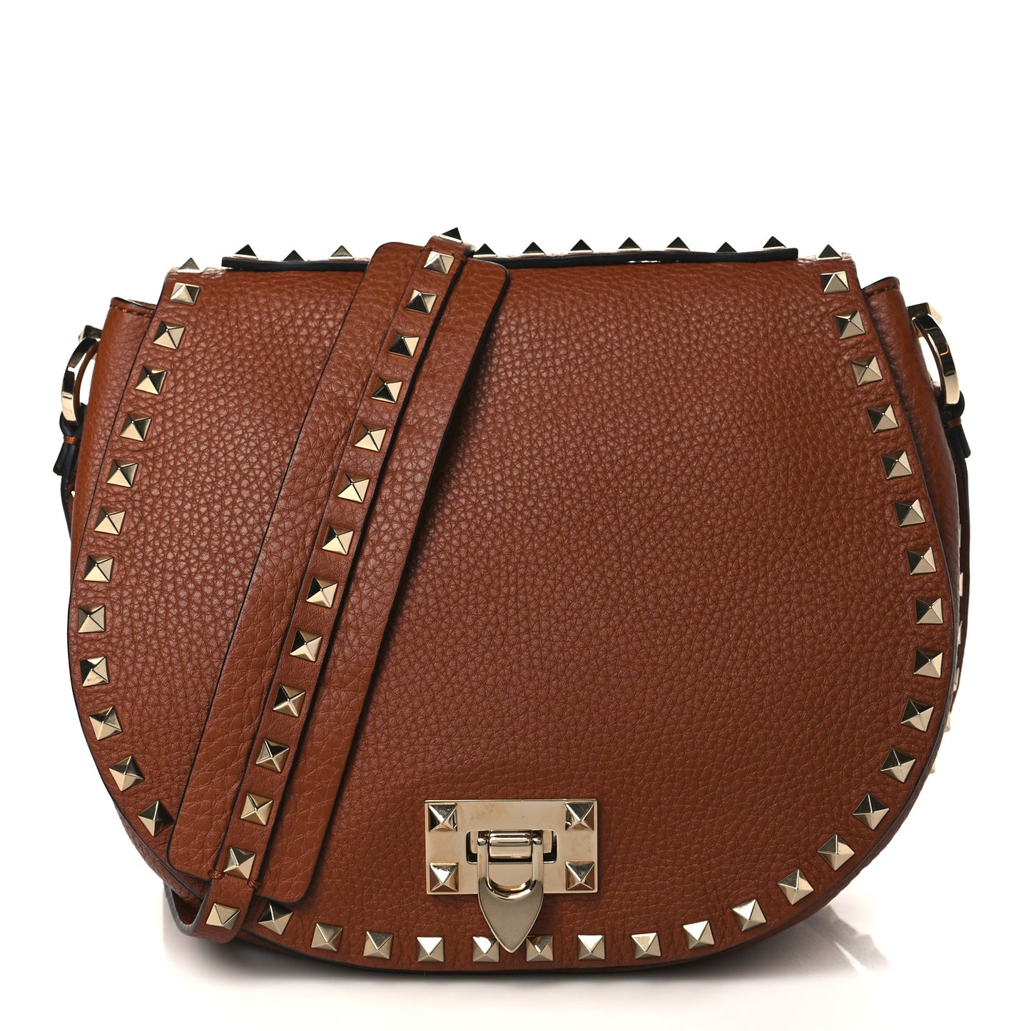 Pebbled Calfskin Rockstud Saddle Bag Saddle Brown