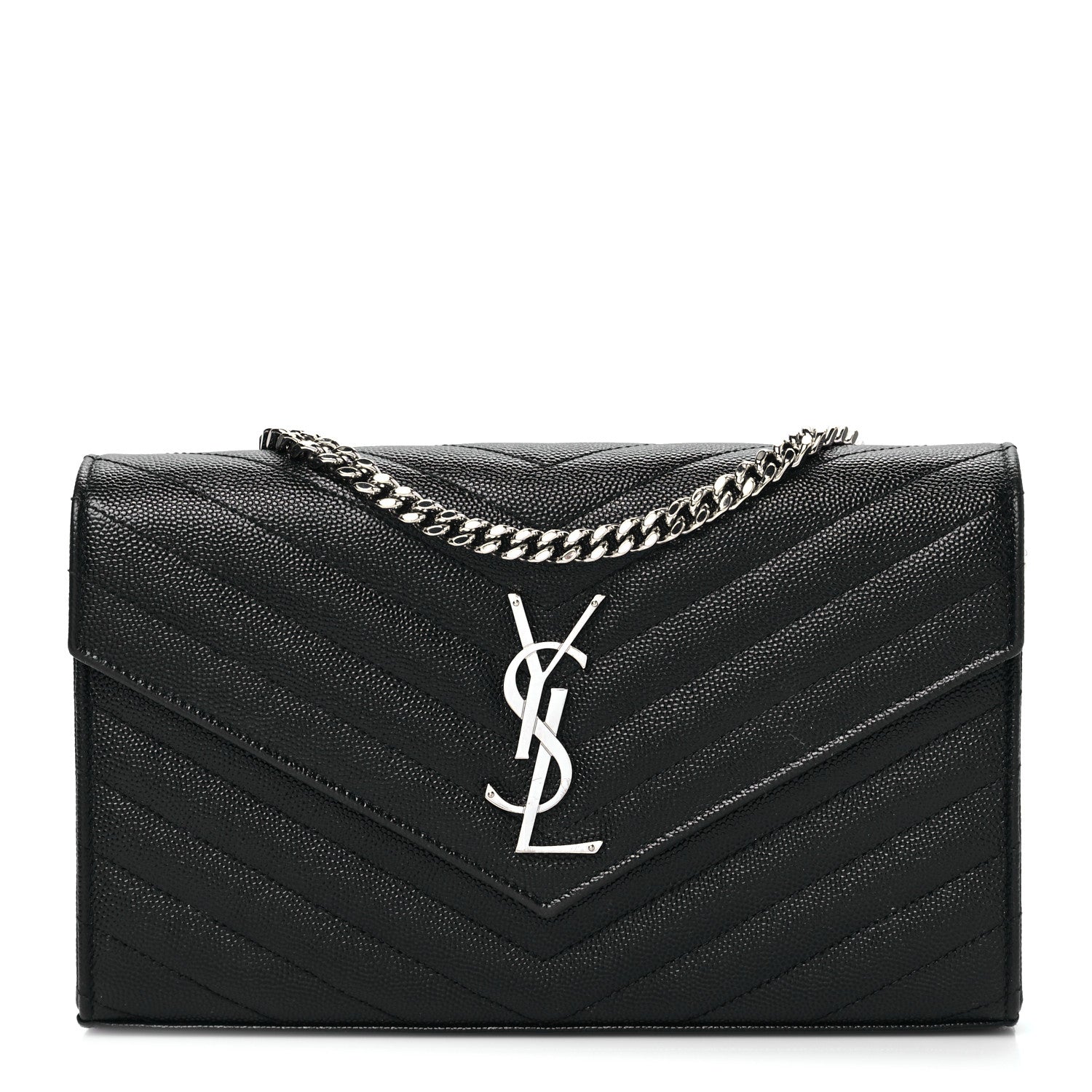 Saint Laurent Grain De Poudre Matelasse Chevron Monogram Chain Wallet Black 1 of 9