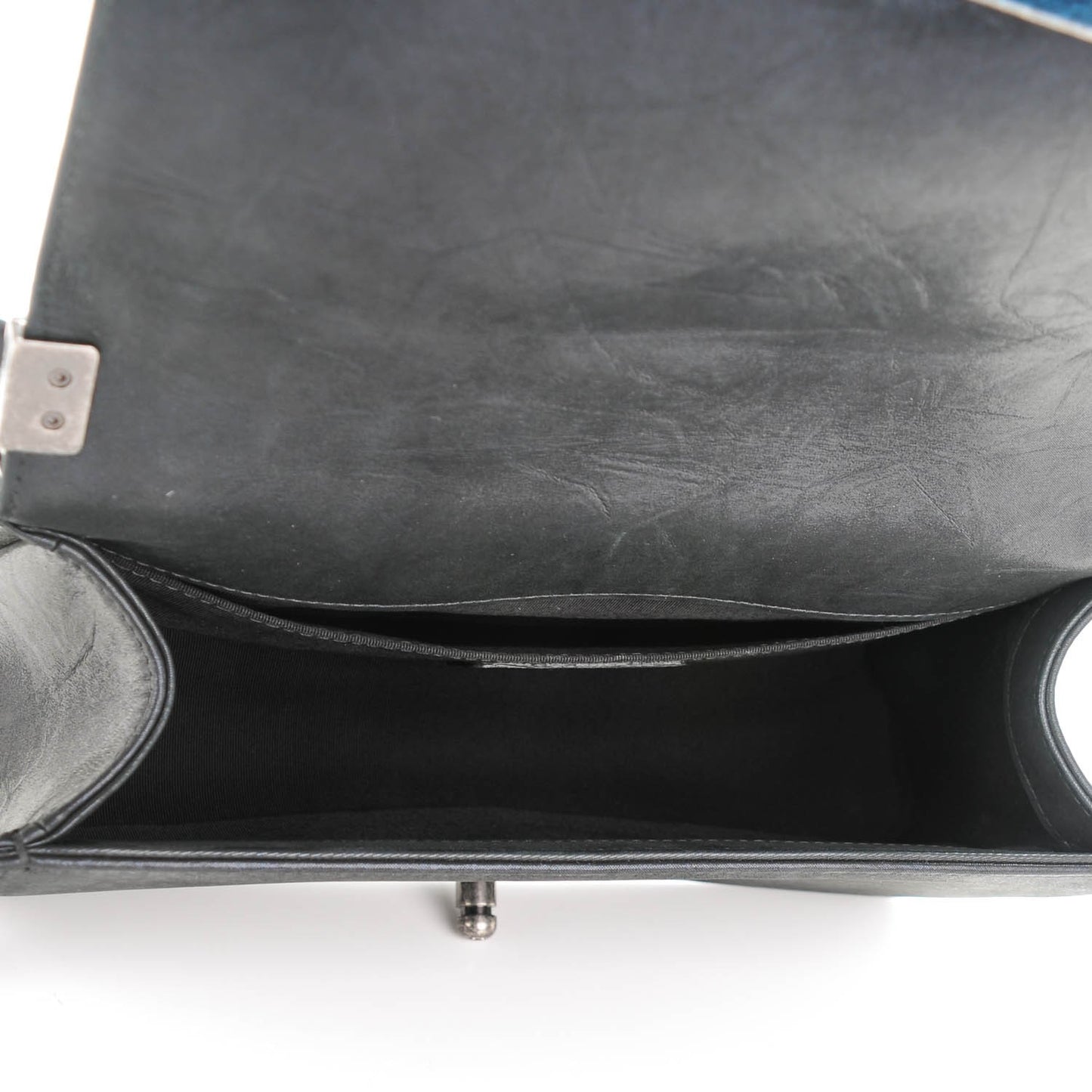 Iridescent Calfskin Embellished Double Stitch Medium Boy Flap Black