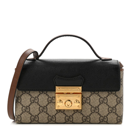 Gucci GG Supreme Monogram Calfskin Mini Padlock Top Handle Shoulder Bag Beige Black Cuir 1 of 10