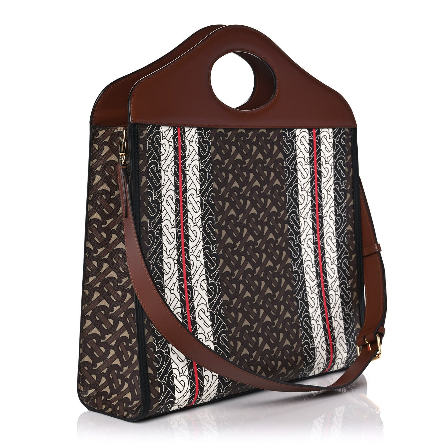 E-Canvas Monogram Stripe Medium Pocket Bag Bridle Brown