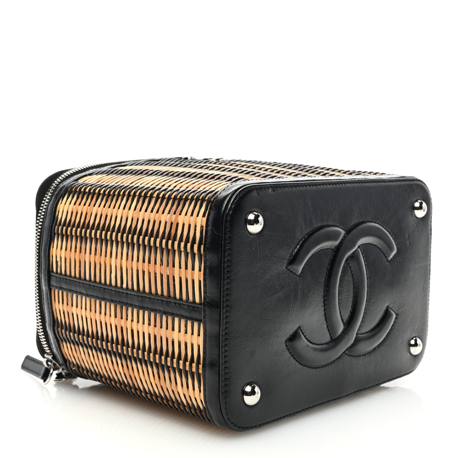 Chanel Glazed Calfskin Raffia Vanity Case Bag Black Beige 4 of 10