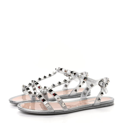 Valentino Garavani PVC Jelly Glitter Rockstud Caged Sandals 36 Silver 3 of 10