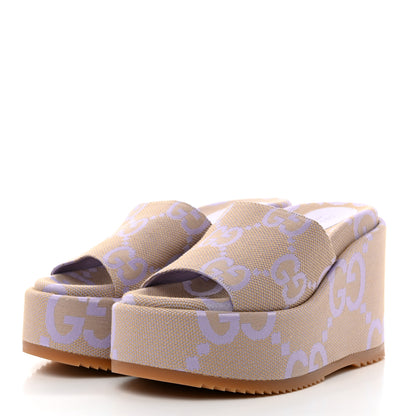 Gucci Monogram Jumbo GG Platform Slide Wedge Sandals 37.5 Beige Lapis 3 of 8