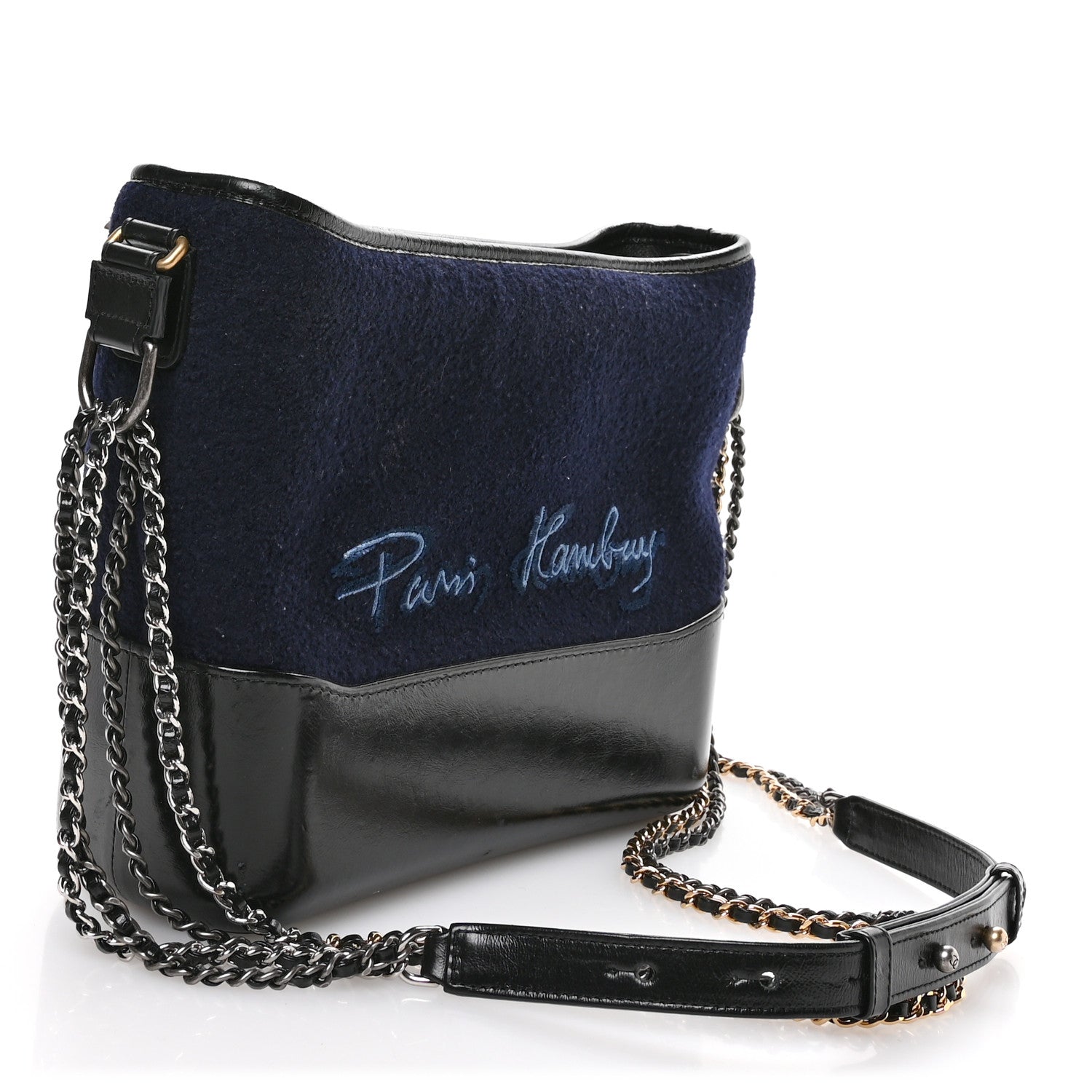 Chanel Calfskin Wool Embroidered Paris Hamburg Small Gabrielle Hobo Dark Navy Blue 3 of 11