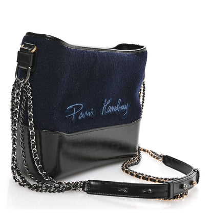 Chanel Calfskin Wool Embroidered Paris Hamburg Small Gabrielle Hobo Dark Navy Blue 3 of 11