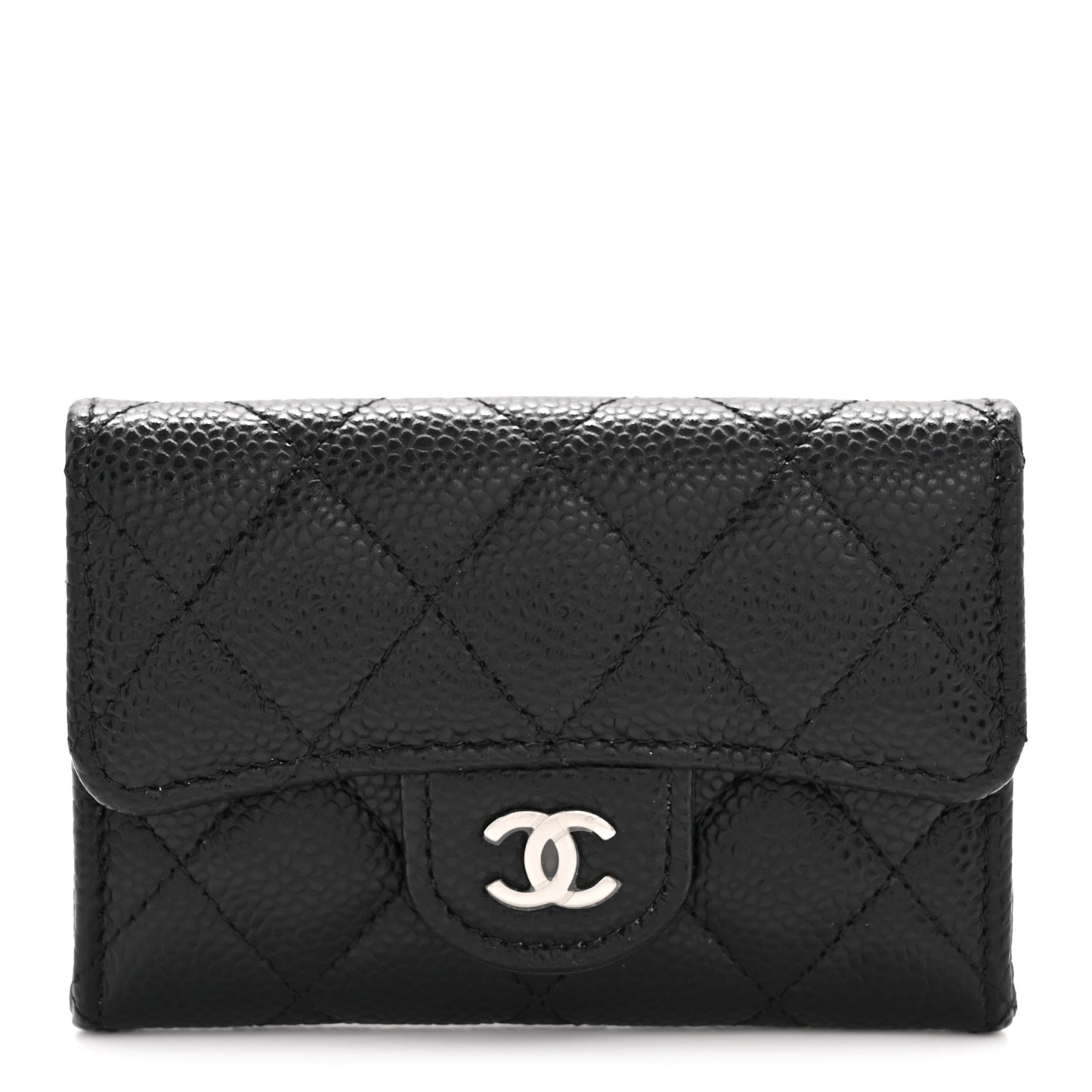 Caviar Quilted Flap Card Holder Wallet Black