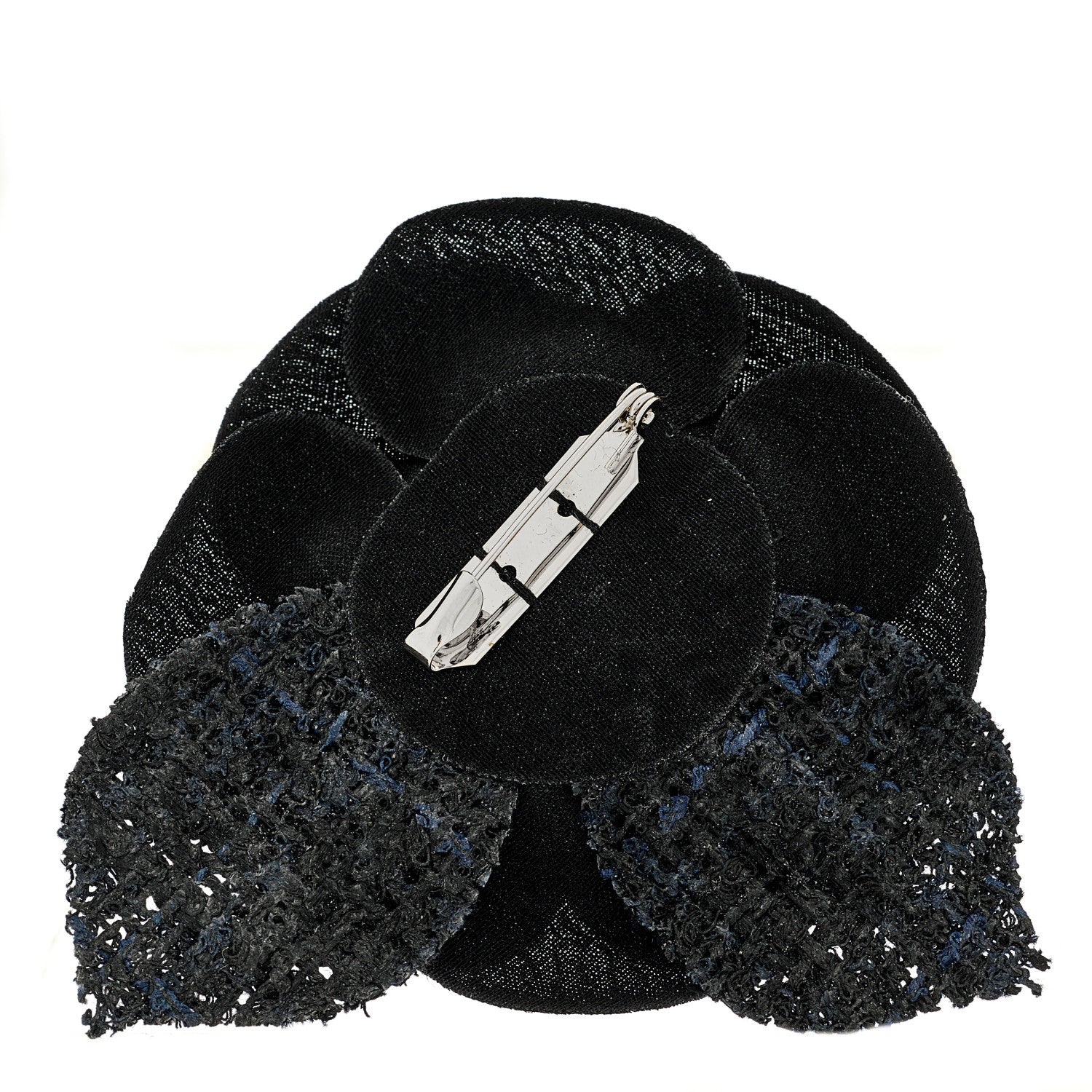 Chanel Tweed Fabric Camellia Pin Brooch 115/46 Navy Blue Black 3 of 3