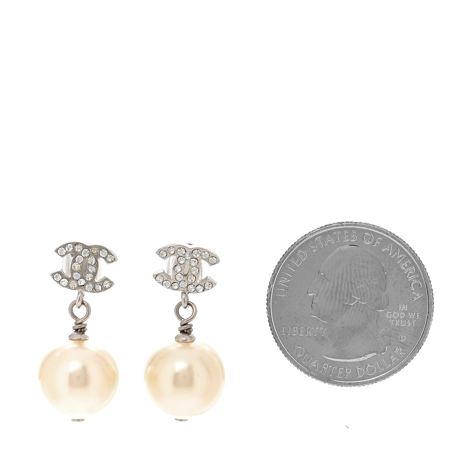 Chanel Crystal Pearl CC Drop Earrings Silver Pearly White 2 of 5