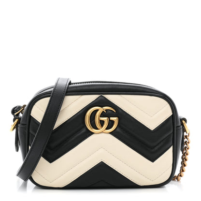 Gucci Calfskin Matelasse Mini GG Marmont Chain Shoulder Bag Black White 1 of 10