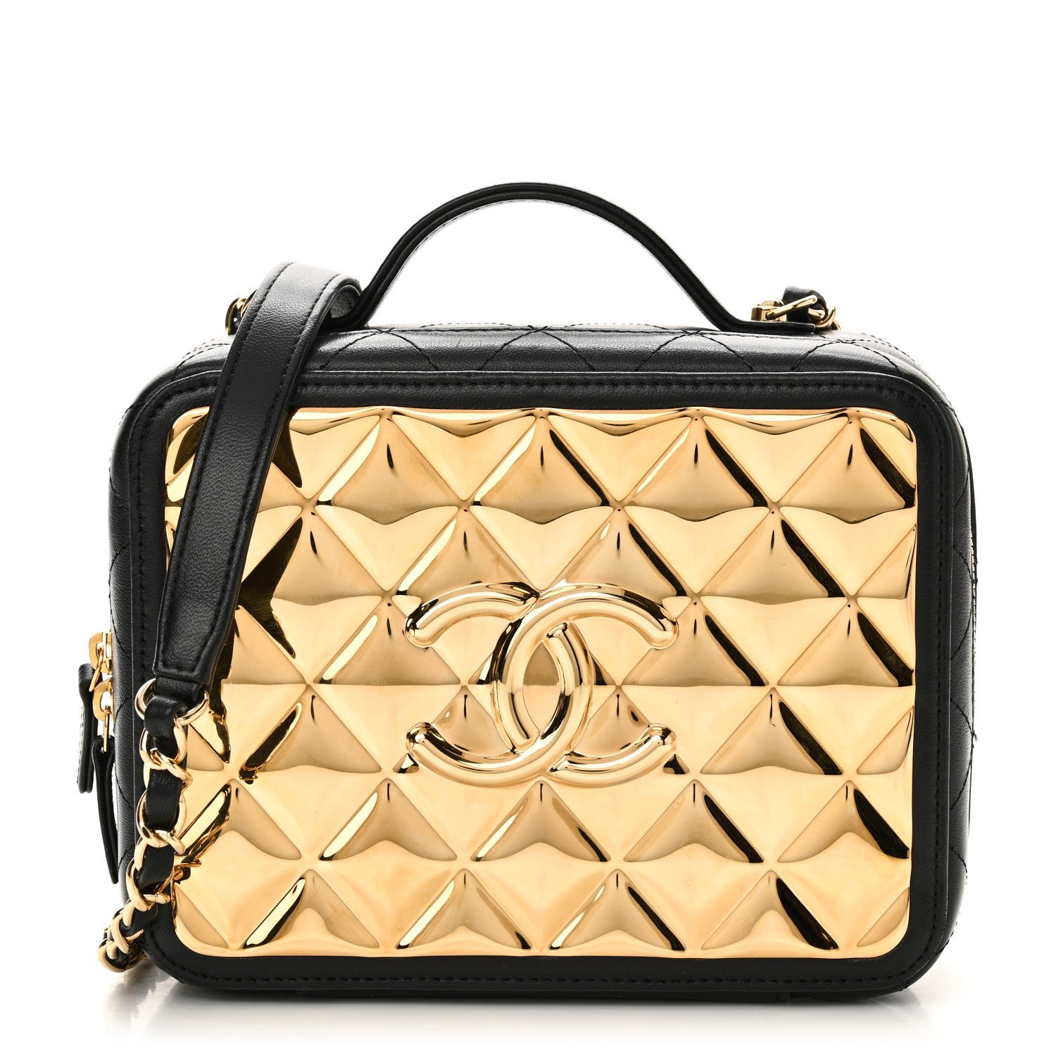 Chanel Lambskin Metal Quilted Golden Plate Vanity Case Black Golden Plate Vanity Case Black Gold 1 of 10