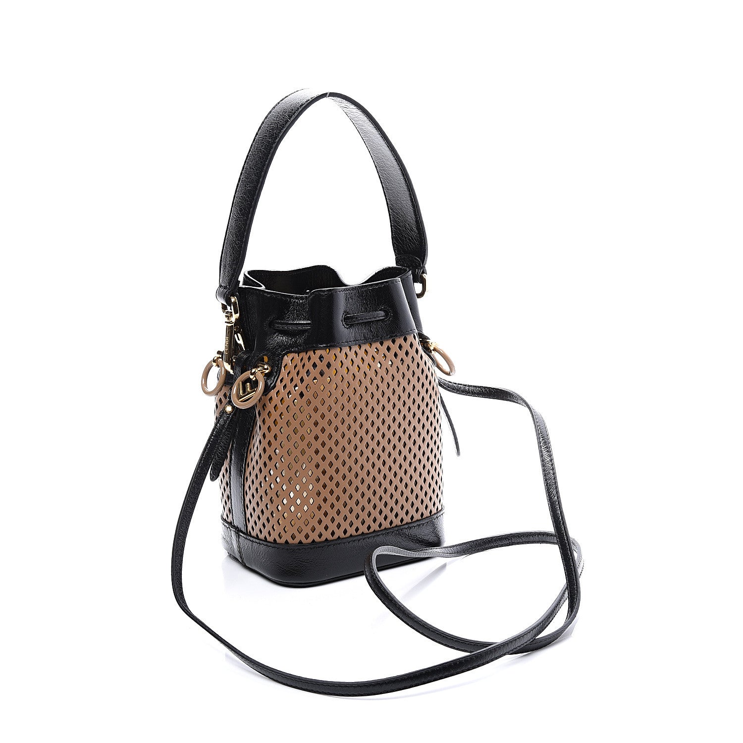 Fendi Vitello Liberty Glossy Lambskin F is Fendi Perforated Mini Mon Tresor Bucket Bag Sand Mimosa Black 2 of 10
