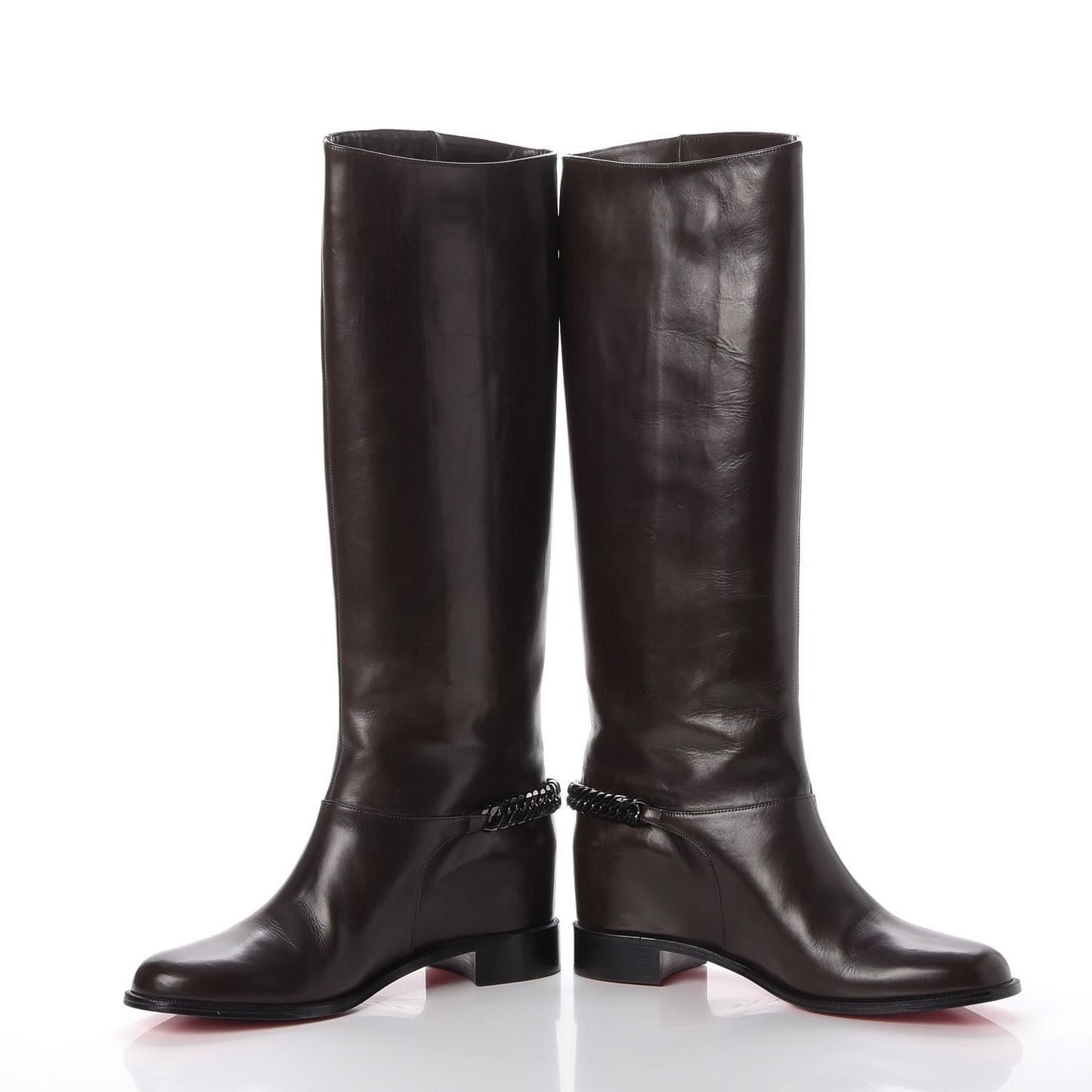 Calfskin Cate Chain Flat Tall Boots 39.5 Brown